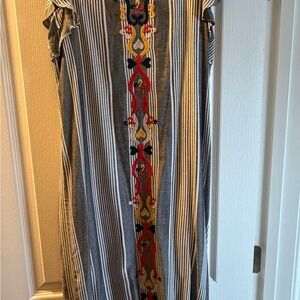 THML Gray Striped Maxi Dress with Colorful Embroidery